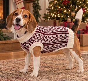 Dog Christmas Sweater Fair Isle Nordic Red Black Cream Knit Holiday Pet Outfit